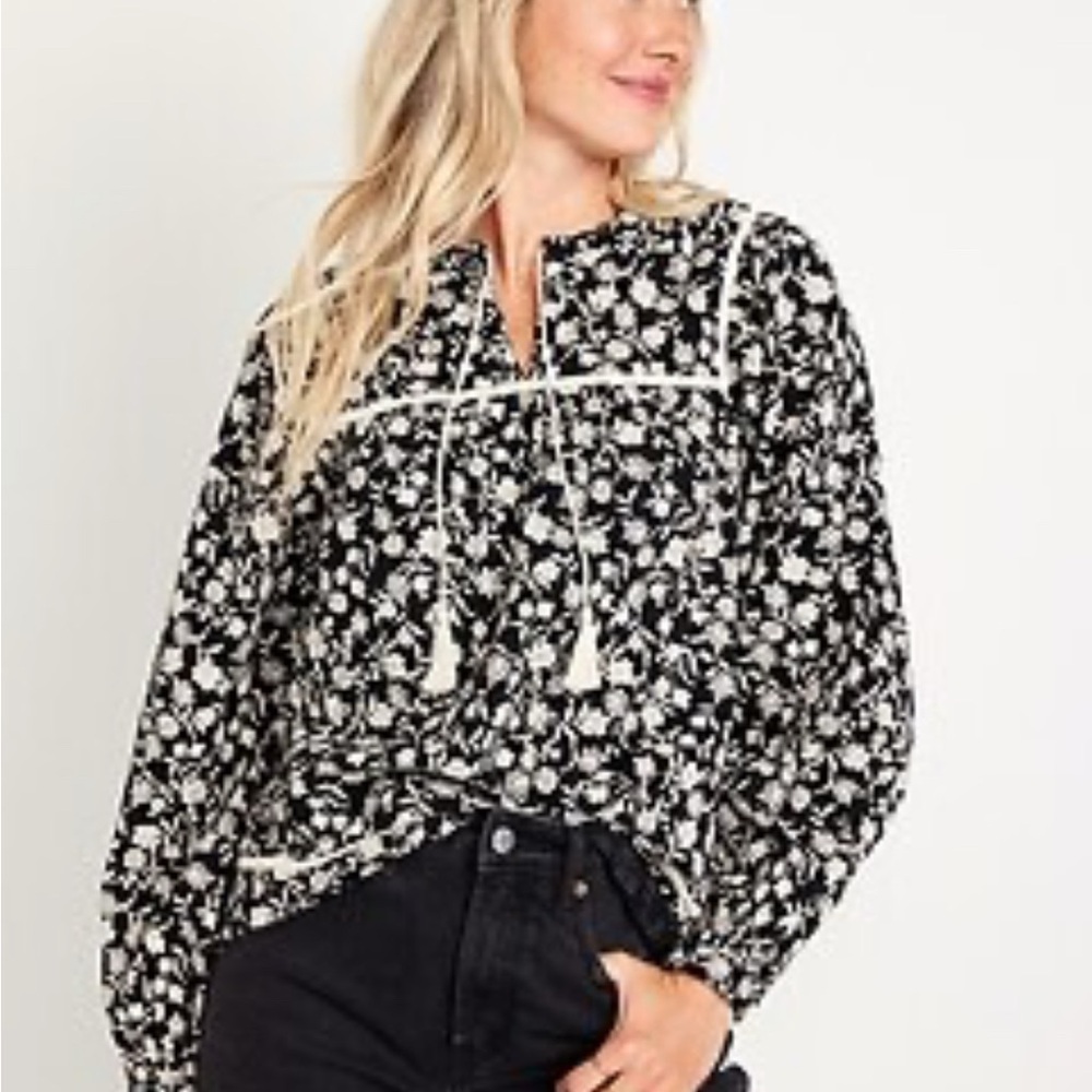 Old Navy Cotton Gauze Boho Blouse Peasant Top Floral Flamingo 2025 Size‎ Medium